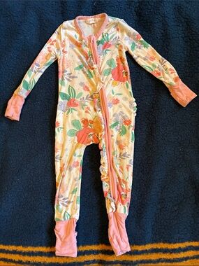 Angel Dear Coral Floral Ruffle Zip Footed One-Piece
